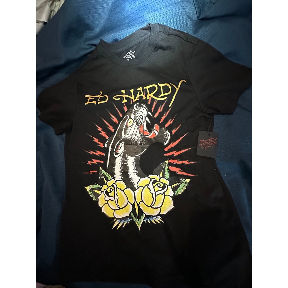 Ed Hardy Mens Panther Roses Tattoo Graphic T-Shirt Black Y2KFashion Small NWT
